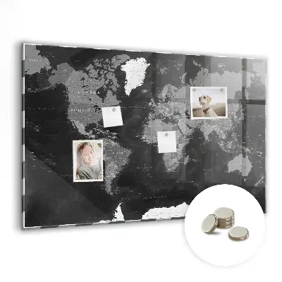 Magnetic Glass Dry Erase Board with World Map Design in Black