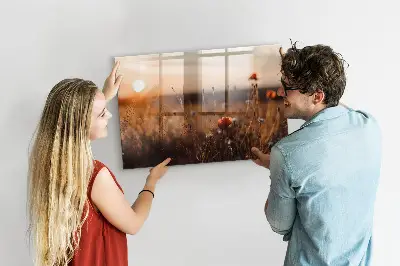 Magnetic glass dry erase board featuring a sunrise field design