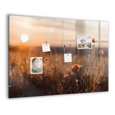 Magnetic glass dry erase board featuring a sunrise field design
