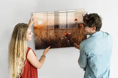 Magnetic glass dry erase board featuring a sunrise field design