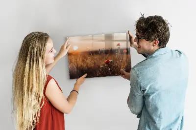 Magnetic glass dry erase board featuring a sunrise field design