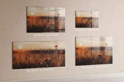 Magnetic glass dry erase board featuring a sunrise field design