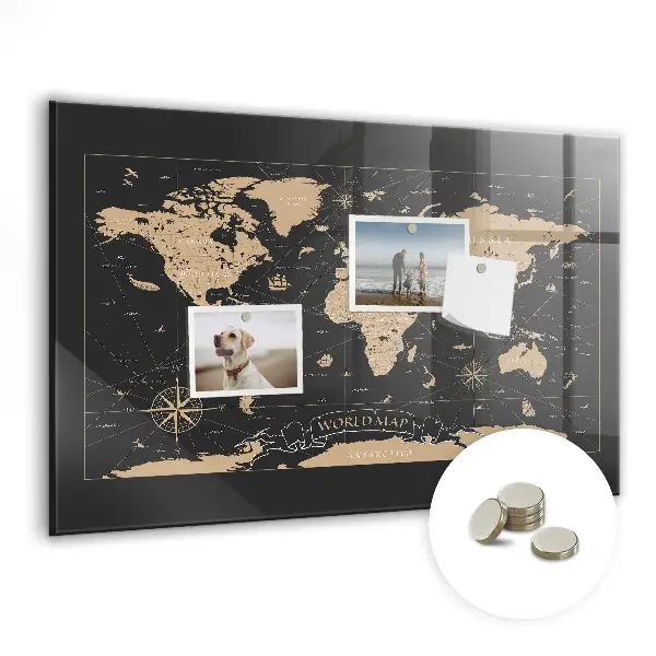 Vintage world map magnetic glass dry erase board