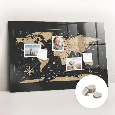 Vintage world map magnetic glass dry erase board