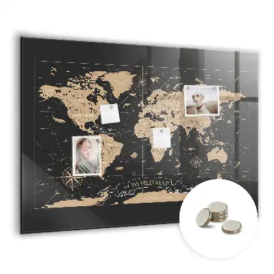 Vintage world map magnetic glass dry erase board