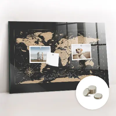 Vintage world map magnetic glass dry erase board