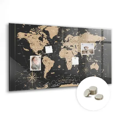 Vintage world map magnetic glass dry erase board