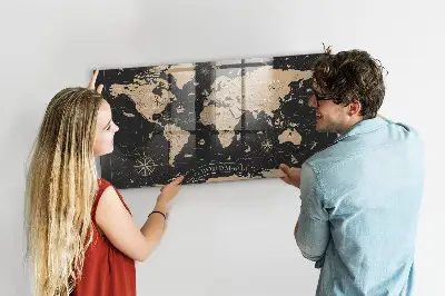 Vintage world map magnetic glass dry erase board