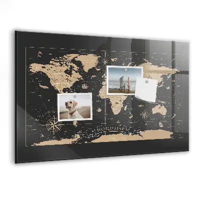 Vintage world map magnetic glass dry erase board