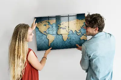Magnetic glass dry erase board with 3D world map design