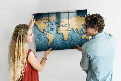 Magnetic glass dry erase board with 3D world map design