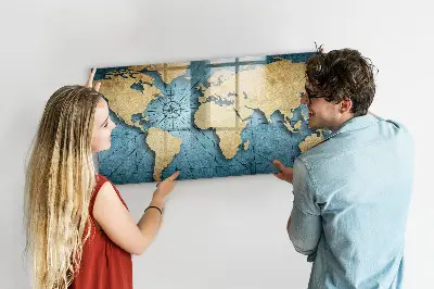 Magnetic glass dry erase board with 3D world map design