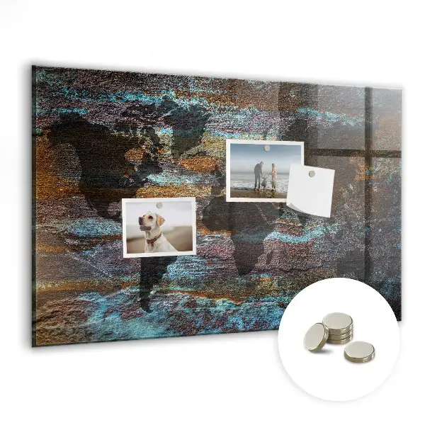 Magnetic glass dry erase board with a rustic world map design