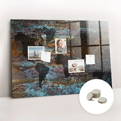 Magnetic glass dry erase board with a rustic world map design