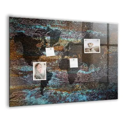 Magnetic glass dry erase board with a rustic world map design