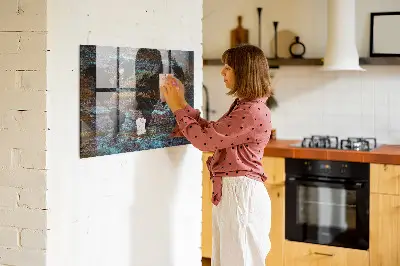 Magnetic glass dry erase board with a rustic world map design