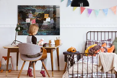 Magnetic glass dry erase board with a rustic world map design