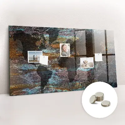 Magnetic glass dry erase board with a rustic world map design