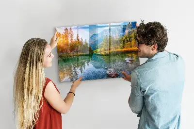 Magnetic wall board featuring a river and mountain landscape