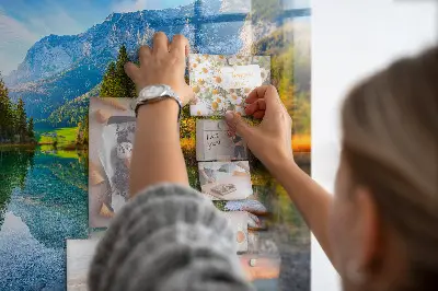 Magnetic wall board featuring a river and mountain landscape