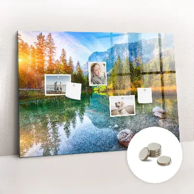 Magnetic wall board featuring a river and mountain landscape