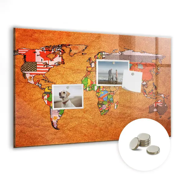 Magnetic Glass Dry Erase World Map Board with Flags
