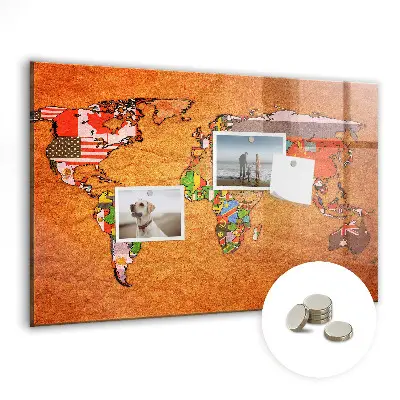 Magnetic Glass Dry Erase World Map Board with Flags