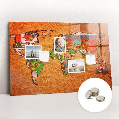 Magnetic Glass Dry Erase World Map Board with Flags