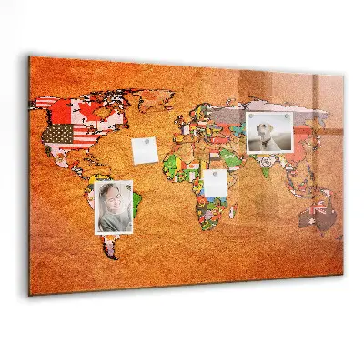 Magnetic Glass Dry Erase World Map Board with Flags