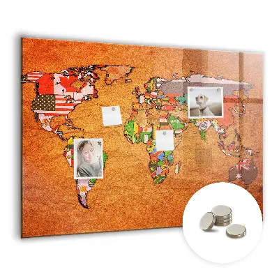 Magnetic Glass Dry Erase World Map Board with Flags
