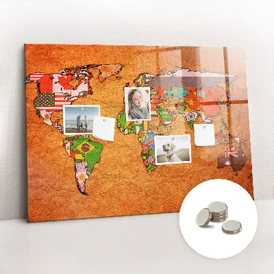 Magnetic Glass Dry Erase World Map Board with Flags