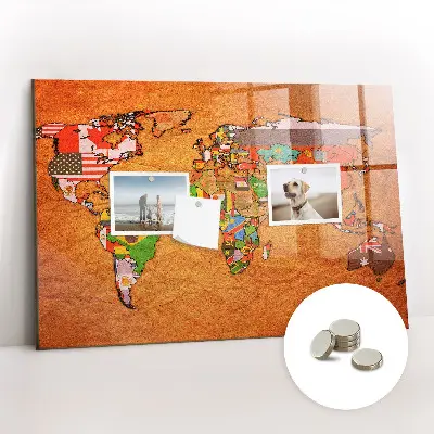 Magnetic Glass Dry Erase World Map Board with Flags