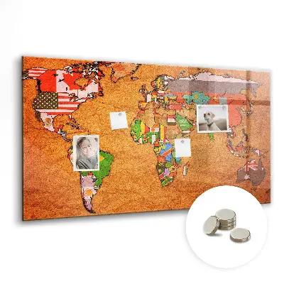Magnetic Glass Dry Erase World Map Board with Flags