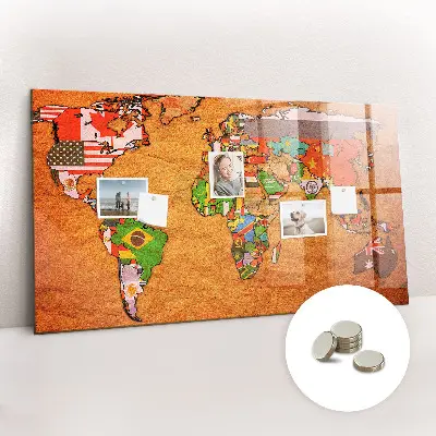 Magnetic Glass Dry Erase World Map Board with Flags