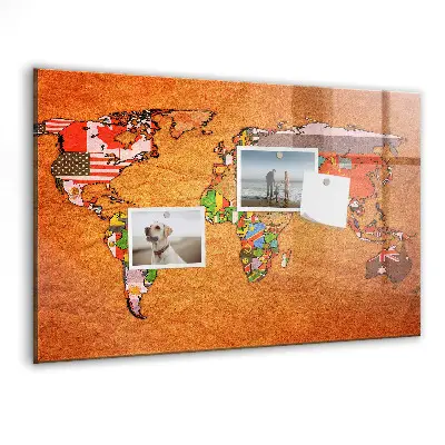 Magnetic Glass Dry Erase World Map Board with Flags