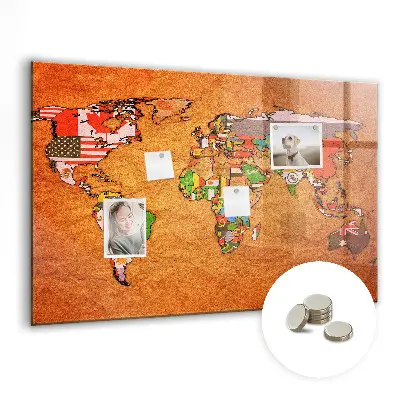 Magnetic Glass Dry Erase World Map Board with Flags