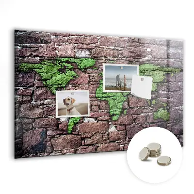 Magnetic glass dry erase board featuring a brick world map design