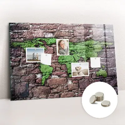 Magnetic glass dry erase board featuring a brick world map design