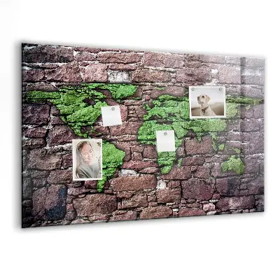 Magnetic glass dry erase board featuring a brick world map design