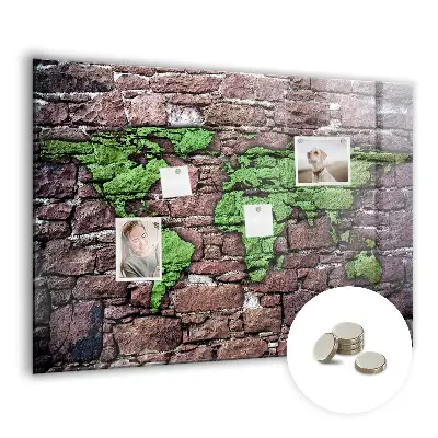 Magnetic glass dry erase board featuring a brick world map design