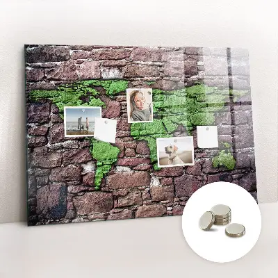 Magnetic glass dry erase board featuring a brick world map design
