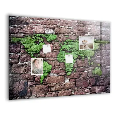 Magnetic glass dry erase board featuring a brick world map design