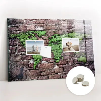 Magnetic glass dry erase board featuring a brick world map design