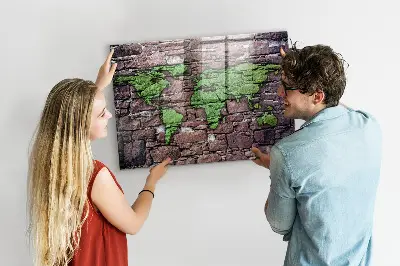 Magnetic glass dry erase board featuring a brick world map design