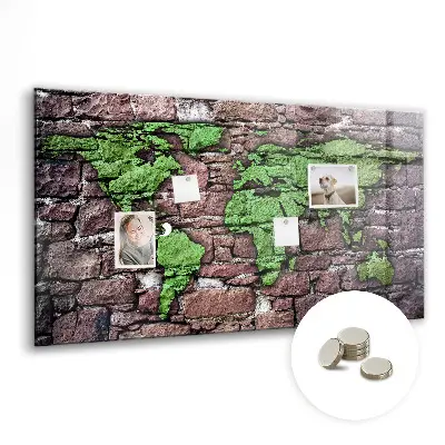 Magnetic glass dry erase board featuring a brick world map design