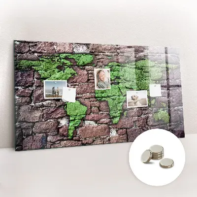 Magnetic glass dry erase board featuring a brick world map design