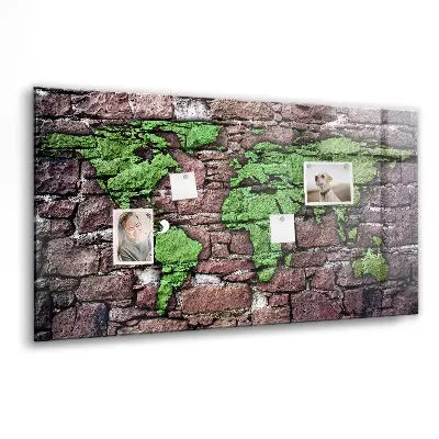 Magnetic glass dry erase board featuring a brick world map design