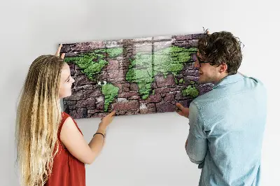 Magnetic glass dry erase board featuring a brick world map design