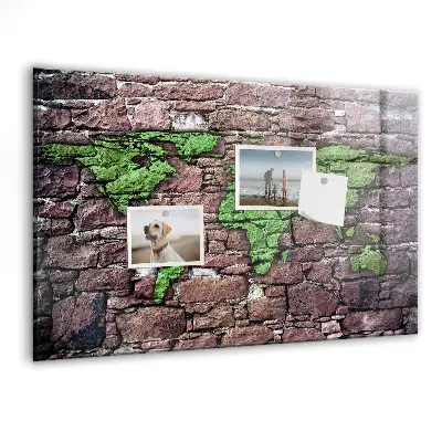 Magnetic glass dry erase board featuring a brick world map design