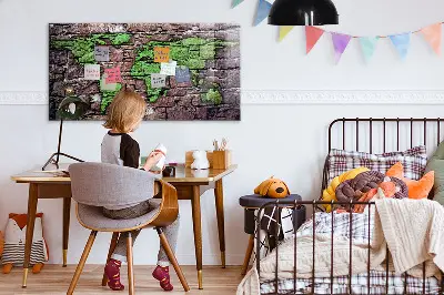 Magnetic glass dry erase board featuring a brick world map design